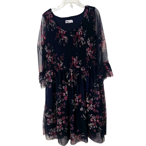 Epic Threads Navy Blue Floral Dress Sz XL 14-16 Lined Sheer Sleeves - Picture 1 of 5